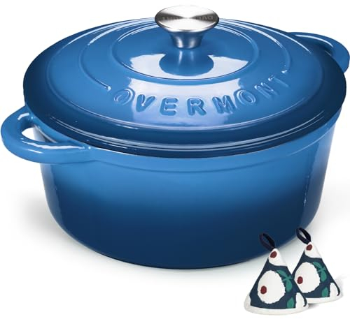 Overmont 28cm/6.6L Enamelled Cast Iron Round Casserole Pot With Lid Cookbook & Cotton Potholders - Non-stick Dutch Oven Cookware for Braising, Stews, Roasting, Bread Baking - Sapphire blue, 7QT