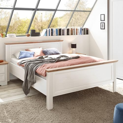 Lomadox Doppelbett Bett 160x200 cm Pinie weiß mit Eiche