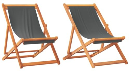 vidaXL Strandstühle 2 STK., Strandstuhl mit Holzrahmen, Klappbar Liegestuhl für Strand Camping Garten, Campingstuhl Klappstuhl, Grau Stoff