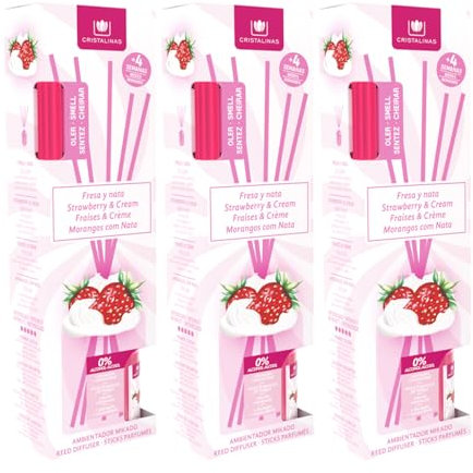 CRISTALINAS | Pack 3 Ambientador Mikado con Varillas | Larga Duración 4 Semanas | 0% Alcohol | 3x30ml (PACK 3, Fresa y Nata)