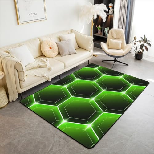 Honigwabenbereich Teppich 150Bx200L 3D Schwarz Grün Hexagon Teppich für Spielzimmer Geometrische Sechseckige Bienenstock Bereich Teppiche Geometrische Geometrie Innenbodenmatte für Schlafzimmer
