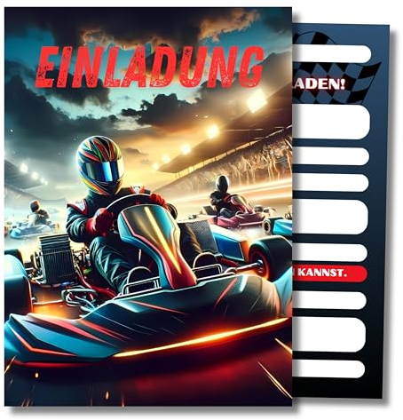 HIDEBLOOM Kart Einladungskarten Geburtstag Junge I 12 Stück I DIN A6 (10,5 cm x 14,8 cm) I Einladungskarten Kart Fahren I Einladungen Gokart