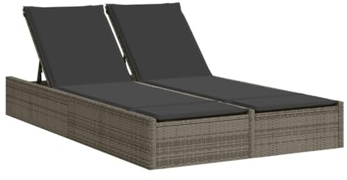 vidaXL Doppel-Sonnenliege mit Kissen Grau Poly Rattan