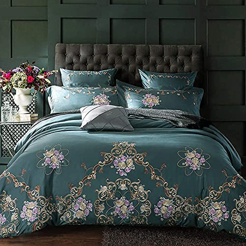 Bedrucktes Bettbezug-Set, seidige ägyptische Baumwolle, gelbe Vögel, Blumen, Spannbetttuch, Queen-Size-Bett, luxuriös bestickt (Farbe: B, Größe: Queen) (B King)