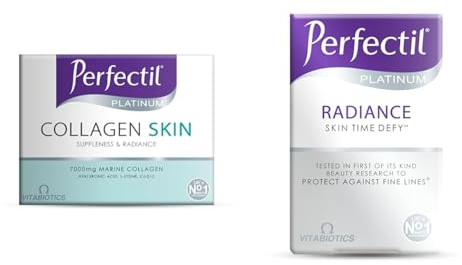 Bundle of Perfectil Platinum Collagen Drink Supplement for Women Skin - 10 x 50 ml vials + Perfectil Platinum Skin Radiance Tablets with Time-Defy Complex, by Vitabiotics