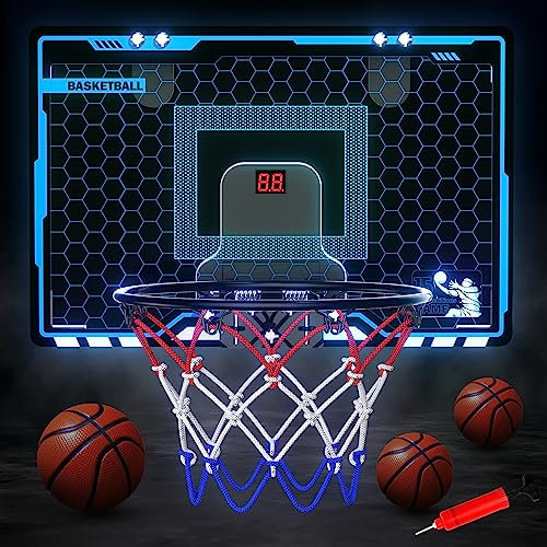 Jofuni Basketball Hoop Indoor for Kids, Basketball Gifts for Boys, Mini Basketball Hoop for Bedroom over Door, with 3 Balls, Electronic Scoreboard Net Lights