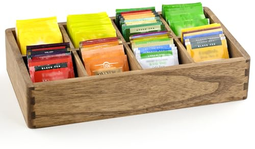 KIRIGEN Teebox ohne Deckel, Tee-Organizer, 8 Fächer, Braun | Teebeutel-Aufbewahrung für Schublade, 34,4 x 19,2 x 7 cm, Paulownia-Massivholz, handgefertigt, fertig montiert, Pflanzenöl