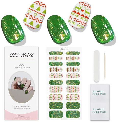 JMEOWIO Gel Nail Stickers Christmas Green Red Semi Cured Gel Nail Strips Wraps UV/LED Nails Art Design Decoration Accessories