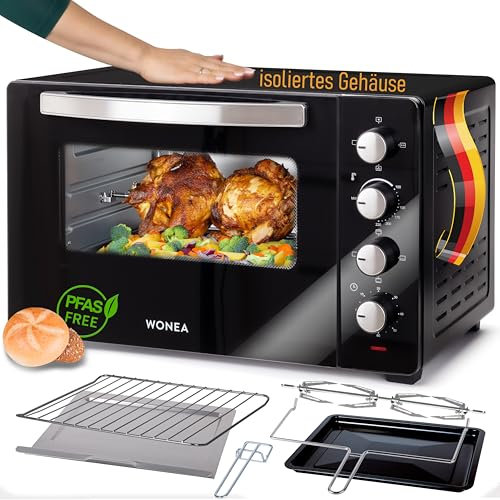 WONEA - 45 Liter Minibackofen mit Umluft, Mini Backofen mit isoliertem Gehäuse, Mini Ofen mit Temperaturfühler im Backraum integriert, herausnehmbares Krümelblech, Drehspieß