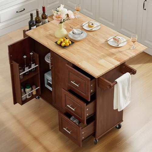 Lyromix Carrito de isla de cocina grande de 54 pulgadas con hoja plegable, carrito de cocina rodante con ruedas con almacenamiento, mesa de isla de madera para cocina con 3 cajones, estante para
