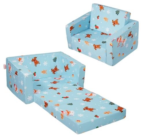 VEVOR Kindersofa 2 in 1 umwandelbares Kindersofa zum Liegestuhl, ausklappbarer Kindersofa-Sessel, Kleinkind Armlehnenstuhl-Bett, zusammenklappbares Kinderspielsofa, mit weihnachtlichem Muster