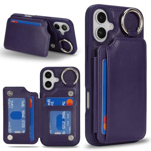 Ｈａｖａｙａ Coque pour iPhone 16 Plus avec Porte Carte Etui für iPhone 16 Plus avec Mousqueton Porte clé Porte Monnaie Femme Cuir Housse - Violet foncé