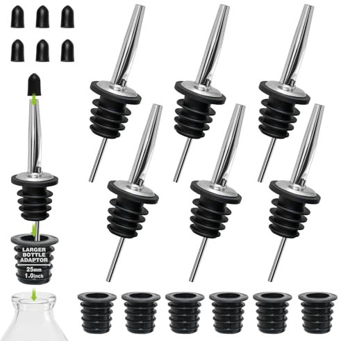 BALTRE Vertedor para botellas, 6 unidades Vertedor para botellas de aceite con 6 adaptadores, junta cónica de goma, vertedor cónico y dispensador para vinos, licores, aceite de oliva, café, sirope