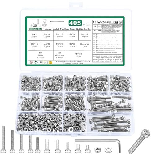 405 Pz Set di Viti M4, Bulloni e Dadi Kit, Viti a Testa Cilindrica con Esagono Incassato e Dadi e Rondelle Set, Bulloni a Testa Esagonale, DIN912 Vite a Brugola(Argento)