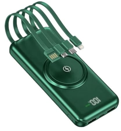Wireless Charging 20000mAh Power Bank with 4 Built-in Cables, Fast Wireless and Wired Charging, Portable Charger with LED Display, USB-C, Micro and More