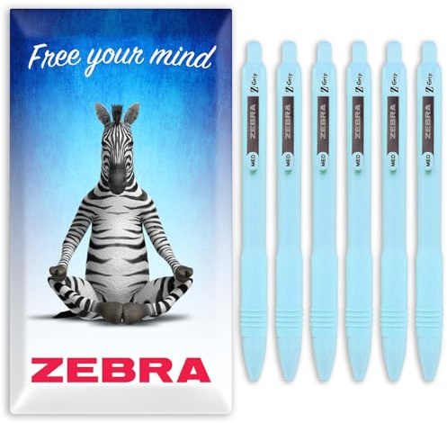 Zebra Z-Grip Smooth Ballpoint Pen - 1.0mm - Black Ink - Pack of 6 - In Envelope Gift Packaging (Pastel Blue)