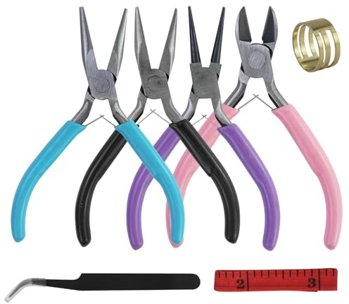 7 Pezzi Set Pinze 4,5 pollici con Anello Apertura e piede, Pinze rotonde, Tagliafili Piccole,Pinze a becco lungo,Strumenti Creazione Gioielli con ago,Per Creazione Gioielli