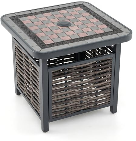 GIANTEX Table de Jardin Extérieur en Osier avec Trou pour Parasol, Table Basse Carrée en Rotin PE avec Plateau en Résine, Cadre en Métal, Table à Manger pour Jardin, Cour, Terrasse