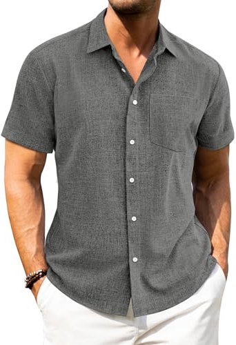 J.VER Mens Short Sleeve Shirts Linen Dark Grey Summer Regular Fit Beach Holiday Casual Button Down Shirt XL
