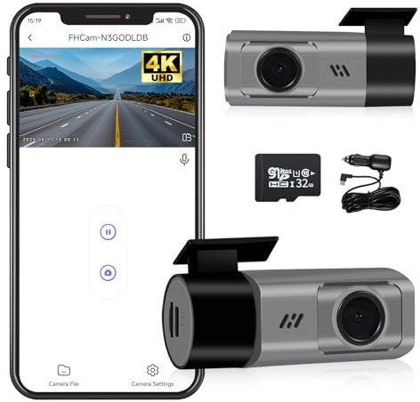 XYBkey Dash Cam WiFi HD 4K Telecamera per auto, Telecamera frontale per auto, dotata di scheda SD da 32 GB con funzione di visione notturna, monitoraggio del parcheggio, WDR, registrazione in loop