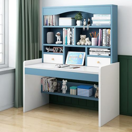 Höhenverstellbarer Computertisch mit 2 Schubladen und Bücherregal, kompakter Arbeitsstation für Teenager, Blau, ideal für Jungen und Mädchen (100 cm)