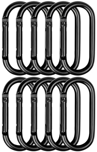 pullther 10 Stück Aluminium Karabinerhaken,60mm Schwarz Karabinerhaken groß | Korrosionsbeständige D-Ring Karabiner Schlüsselanhänger für Outdoor Sport, Wandern, Camping, Angeln - Schwarz