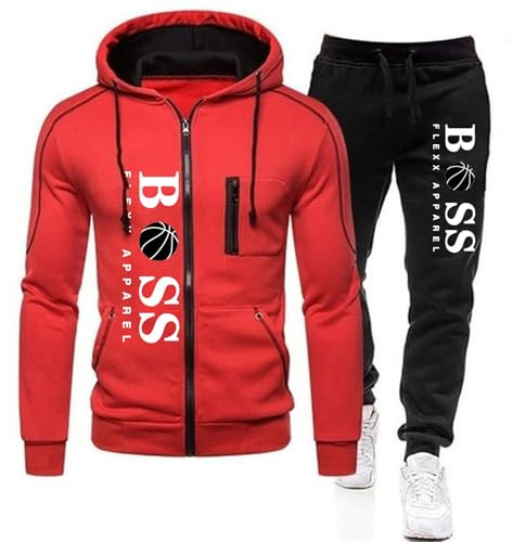 RUMAOZIA Tracksuit Set Men Regular Fit Sports Suit 2-Piece Jogging Suit Hip Hop Streetwear Teenager Sportswear Winter Padded Tracksuit with Hoodie and Jogging Pants Sports Suit, Z06 Red, XXL