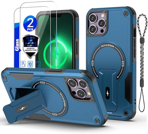 GuardCase for iPhone 13 Pro Max Case [Compatible with MagSafe][with 2 * 9H Tempered Glass Screen Protector], Built in Invisible Stand, Not fading，Shockproof Protective Phone Cover 6.7-inch(Blue)