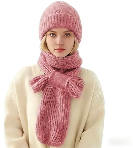 HoldOneLight Gehörschutz Strickmütze mit Schal, Winddichte Wintermütze, Warme Dehnbare Mütze für Frauen (Pink-01)