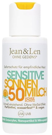 Jean & Len Sensitive Sonnenmilch LSF 50 wasserfest, vegan, 50 ml | Sofortschutz für Gesicht & Körper mit Vitamin E in Reisegröße, UVA + UVB Filter, zieht schnell ein, ohne Parfum