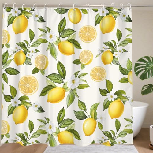 MAYJOYDIY Yellow Lemon Shower Curtain for Bathroom Lemon Fruit Shower Curtain Sets with 12 Hooks Modern Waterproof Fabric for Bathroom Bathtub Home Decor, 183x183cm