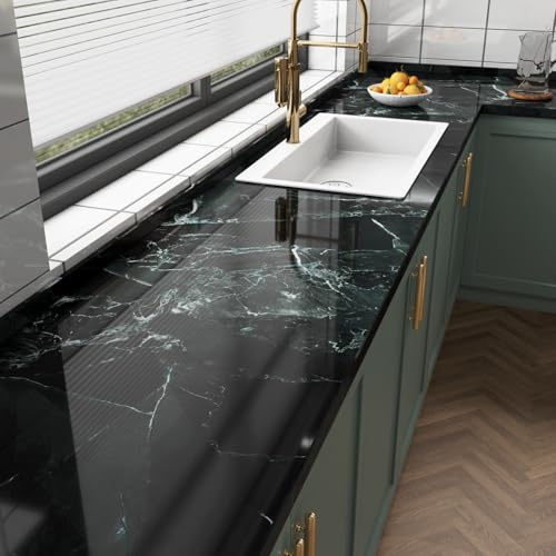ReWallpaper 40CMx7M Worktop Vinyl Covering Black Marble Emerald Peel and Stick Vinyl Wrap Gloss for Cabinets Thick Cracked Marble Bathroom Wallpaper Waterproof Black Green Wallpaper for Living Room
