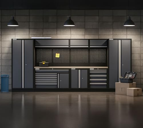 FEISTOS Werkstatteinrichtung Apollo 25 470 kg Multiplex-Arbeitsplatte Stahl | Großzügiges Set mit 2 Hochschränken, 4 Lochwänden und 5 Unterschränken sowie kugelgelagerten Vollauszügen für die Werkstatt.