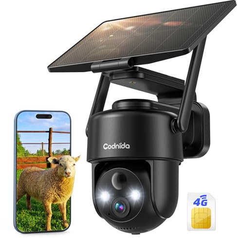 Codnida 4G Telecamera Esterno con Pannello Solare, 2K Telecamera Sanza Fili con Scheda Sim, 355° PTZ Videocamera Sorveglianza, Audio Bidirezionale, Rilevamento del Movimento, Visione Notturna a Colori