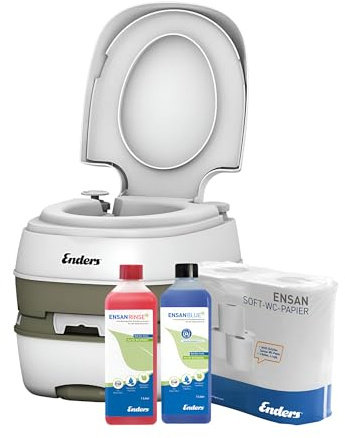Enders Campingtoilette Deluxe small+ Set, Schwenkrohr, Transportrolle & Füllstandsanzeige, inkl. 1L Blue+ + Rinse+ + 4 Rol. WC-Papier, biologisch abbaubar, Camping WC, Chemietoilette & mobile Toilette