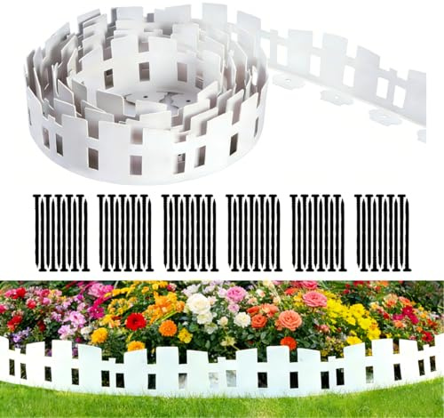 Flexible Rasenkante Kunststoff Länge 10m Höhe 11.5cm, mit 60 Erdanker, Gartenzaun decorativ, Beeteinfassung, Beetumrandung, Mini-Kunststoffzaun ür Baum, Blumenbeete, Gras, Hof, Weiß
