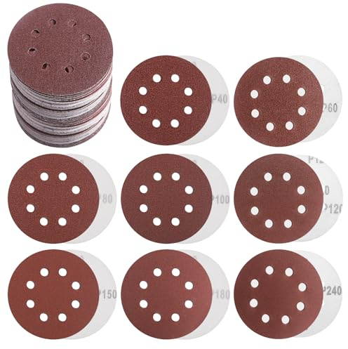 Disque Abrasif 125mm, 80 Pièces Grain 40/60/80/100/120/150/180/240, Disques de Ponçage 8 Trous pour Ponceuse Excentrique Poncer/Polir/Dérouiller, sur Bois Métal Peinture