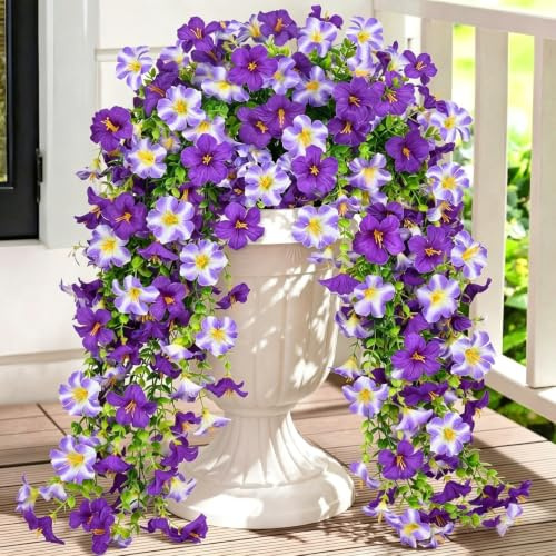 4 Stück Hängepflanze Künstlich Kunstblumen Hängend Draußen Seidenblumen | Künstliche Blumen wie Echt Balkonpflanzen Outdoor Wetterfest Fake Petunien Seidenblumen für Draußen Hochzeit Balkon Garden