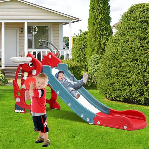Ollewiellan Toboggan 4 en 1 pour enfant d'intérieur avec panier de basket-ball et machine d'apprentissage, toboggan pour enfants intérieur et extérieur, 145 x 38 x 67 cm, jusqu'à 35 kg, rouge