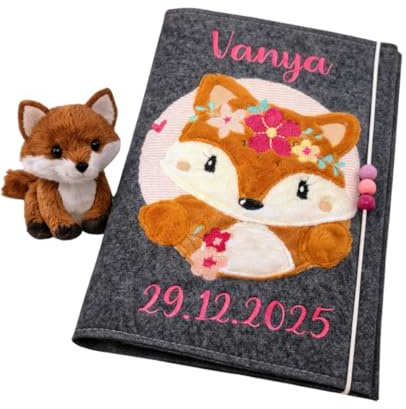 U-Heft Hülle personalisiert Baby – mit Name & Datum bestickt – Filz Umschlag für Untersuchungsheft – Geschenk Geburt Mädchen & Junge Boho Füchsin
