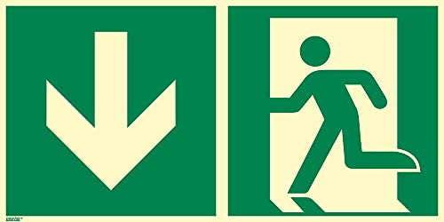Notausgang abwärts, Hart-PVC, langnachleuchtend, 300 x 150 mm gemäß Asr A1.3 / Iso 7010 E001, Rettungszeichen Schild, 30 x 15 cm