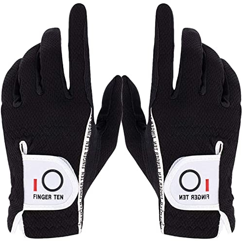 FINGER TEN Golfhandschuhe Herren Links Rechts Golf Handschuh Wert 1 Paar Golfhandschuh Linke Rechte Hand Handschuhe für Männer Golfer, Allwetter Mikrofaser Rain Grip (Schwarz, ML, Paar)