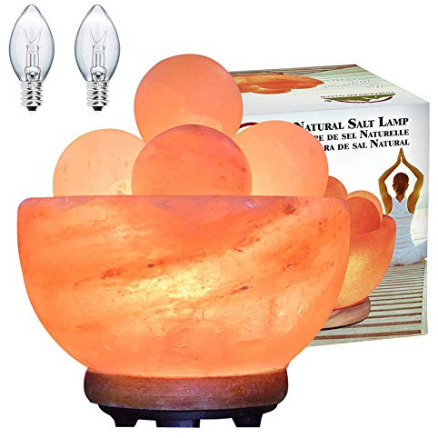 LPG Lampada al Sale dell'Himalaya con 6 Sfere per Massaggio, Base in Legno Intagliato a Mano, Luce Notturna al salgemma per purificare l'aria, Decorazioni per la casa, Lampadina di Ricambio Extra