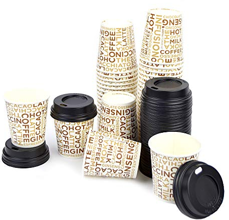 Lot de 100 verres en papier CL 10 (4 oz) décorés avec inscriptions marron pour café + 100 couvercles noirs avec bec