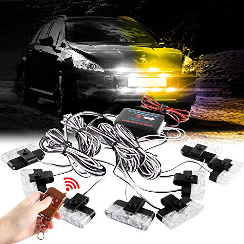 Sidaqi Jaune et Blanc 16 LED Grille Stroboscope Feux D'avertissement Dash Deck Visor Police Flash Lights Voiture Camion Ambulance Lumières Stroboscopiques d'urgence avec Télécommande sans Fil 12V