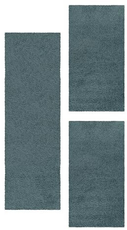 HomebyHome Bettumrandung Schlafzimmer 3 teilig Teppich Blau - Waschbarer Bettumrandung Teppich Läufer Set Extra Flauschig Bettvorleger Schlafzimmer Bettset:2 St. 60x110 cm | 1 St. 80x250 cm