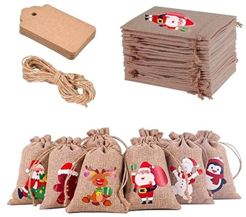 Kaishuai Jutesäckchen,12Jutebeutel Geschenksäckchen,mit Tunnelzug klein Verpackung Natur Säckchen-6Arten von Weihnachtselementmustern sandsäcke,für Weihnachten Party Tüten für Süßigkeits Geschenke