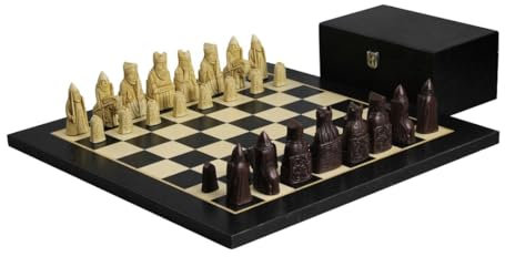 Chessgammon Isle of Lewis II Elfenbein & Braun Harz Schachfiguren 3,5 mit Charcoal Schwarz Schachbrett 20
