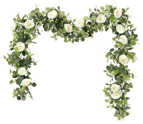 SOMYTING 2er Set(4,0 mt Insgesamt) Gefälschte Rose Vine Blumengirlande Künstlich Blumen Pflanzen Künstliche Rosen Girlande Eukalyptus Girlande Hängend für Hotel Hochzeit Zuhause Garten Dekoration