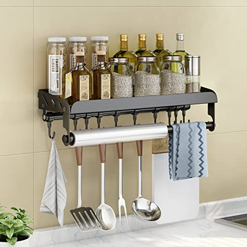 Fooaot Gewürzregal Wand ohne Bohren,gewürzregal Hängend Mit küchenrollenhalter und 6 Haken, Küchenregal Wand für Gewürze,304 Edelstahl Wandmontage Gewürzregal für Badzimmer und Küche,40cm schwarz